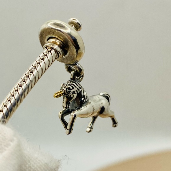 EUC Pandora 791200 Sterling Silver & 14K Gold Unicorn Fantasy Animal Dangle Bead - Picture 7 of 11